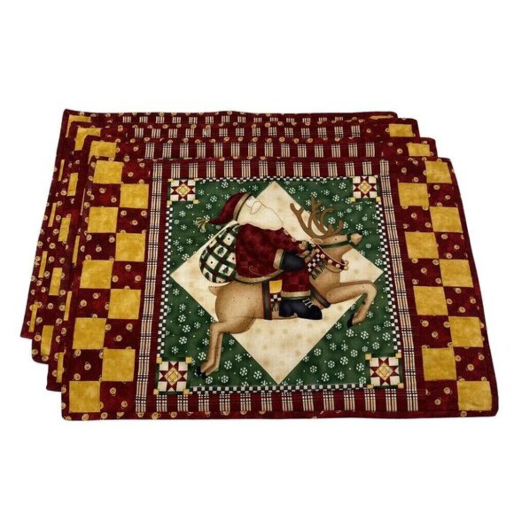 Oversize Christmas Quilted Placemats Set Of 4 Santa & Reindeer Design